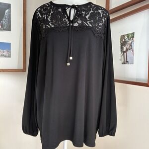 Anne Klein Top 2X Black Lace Tie Front Flowy Classic Travel